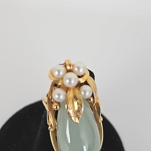 Vintage 14k Ming's Jadeite/Pearl Ring - Picture 2 of 8